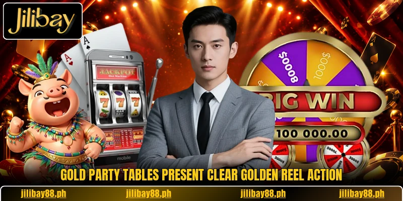 Gold Party tables present clear golden reel action